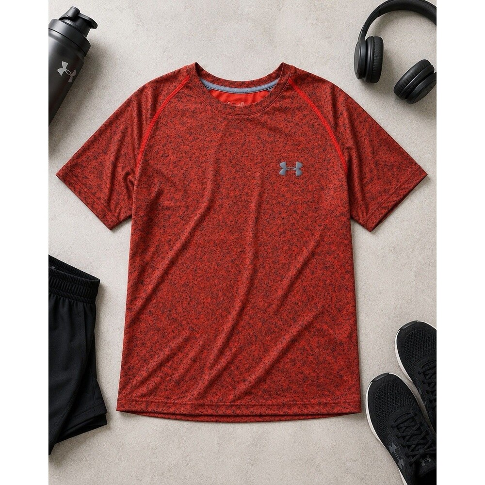 Under Armour HeatGear Shirt Mens Large Red Black Speckled Loose Athletic Tee